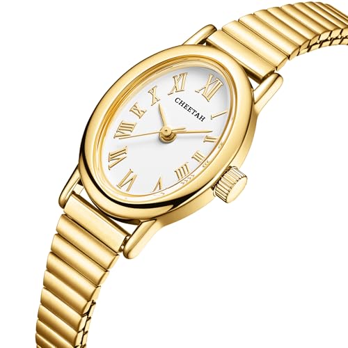 CHEETAH Women’s Gold Watch, with Stainless Steel Expansion Band, Small Dainty Oval Case Roman Dial - Image 2