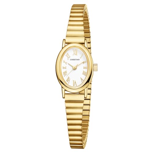CHEETAH Women’s Gold Watch, with Stainless Steel Expansion Band, Small Dainty Oval Case Roman Dial - Image 1