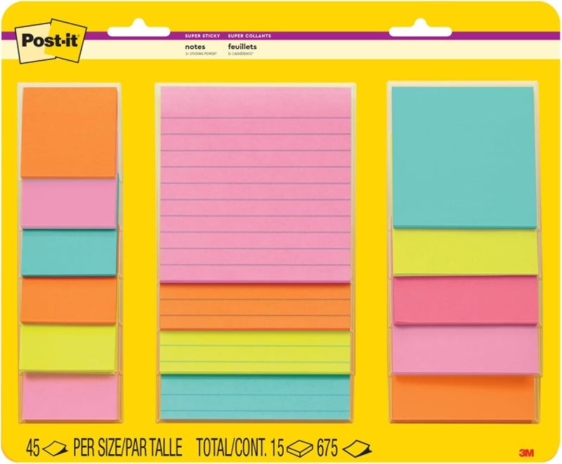 Post It Super Sticky Notes, 15 Sticky Note Pads, Multi-Size., Ideal for Organization in Your Dorm, Home or Office, 2X The Sticking Power, Supernova Neons Collection - Image 1