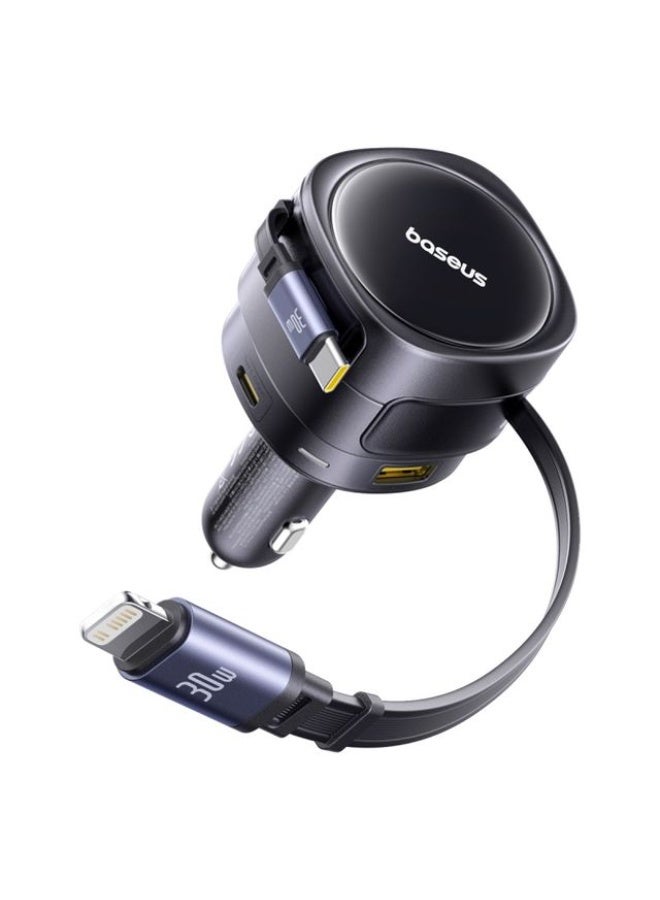 Baseus Enjoyment Max 90W Fast Car Charger with Dual Built-In USB-C Cables, USB-C & USB-A Ports – Sleek Multi-Device Charging Solution - Cosmic Black - Image 2