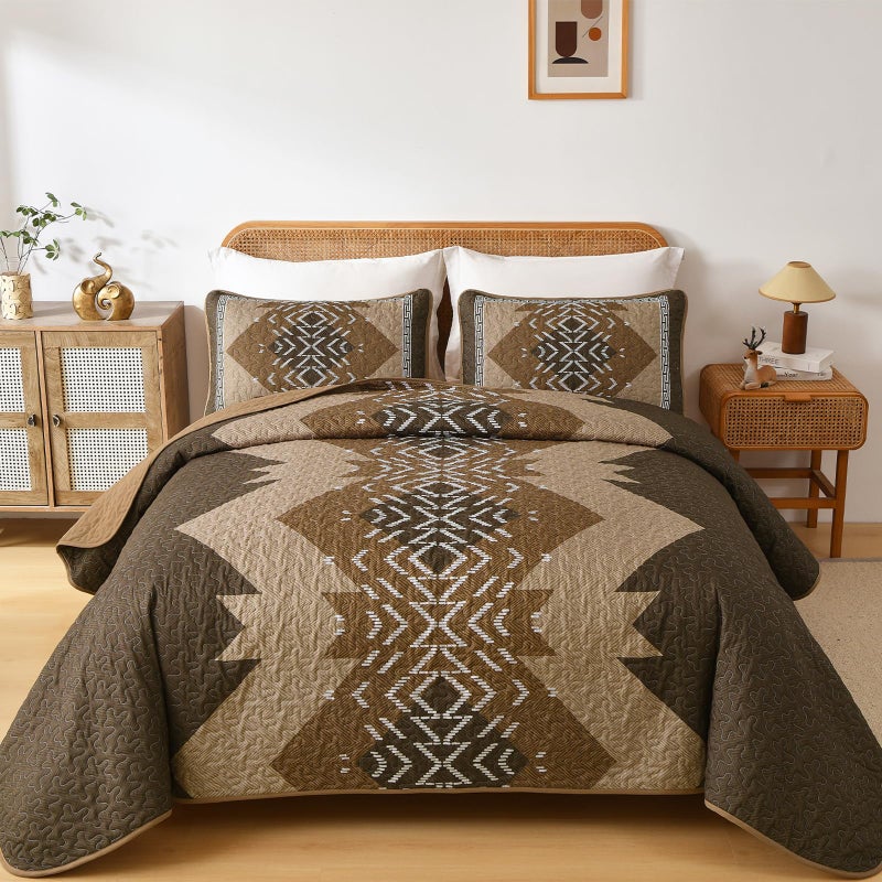 Dintszyayue Brown Quilt Set King Size Boho Aztec Texture Bedspread Coverlet Set 3 Piece Soft Lightweight Bedding Set Geometric Bohemian Bedspread with 2 Pillowcases(Dark Brown,90"x103") - Image 1