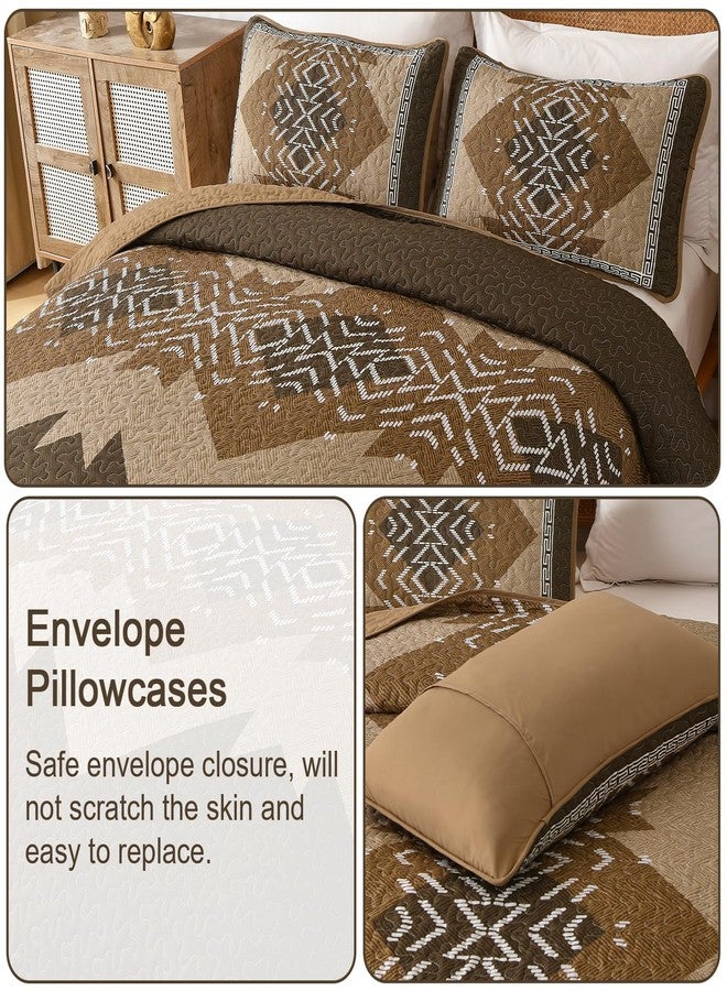 Dintszyayue Brown Quilt Set King Size Boho Aztec Texture Bedspread Coverlet Set 3 Piece Soft Lightweight Bedding Set Geometric Bohemian Bedspread with 2 Pillowcases(Dark Brown,90"x103") - Image 5