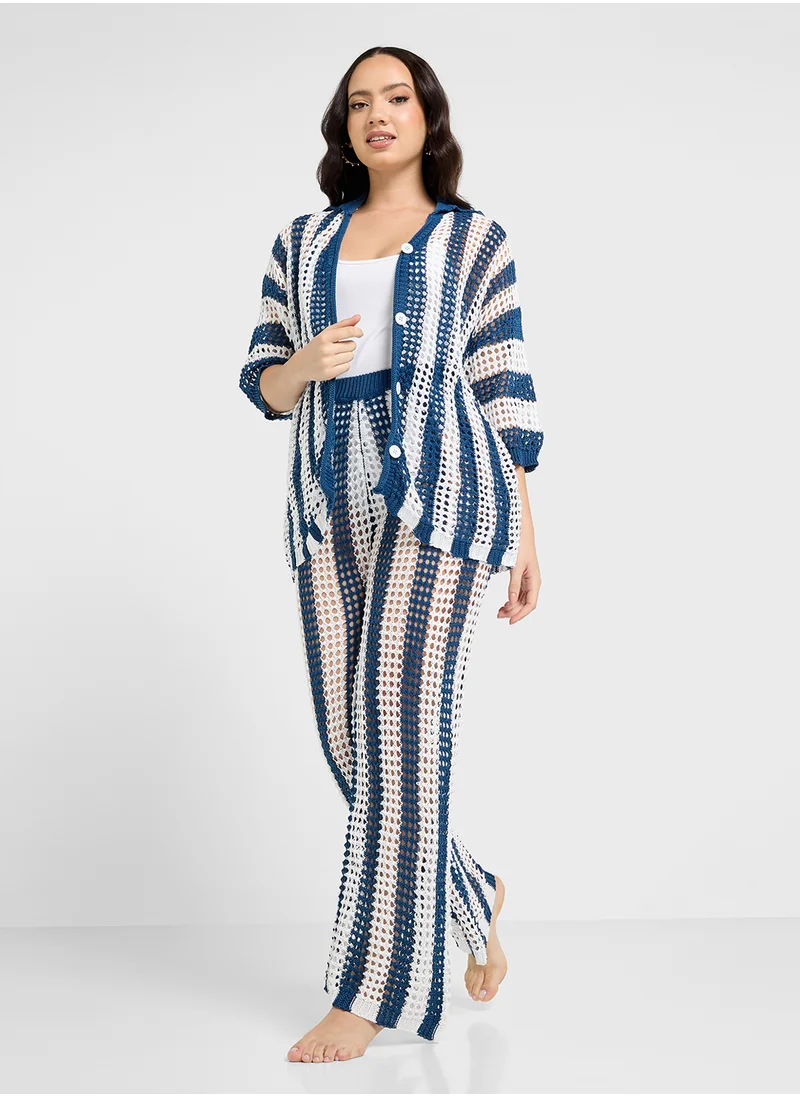 Ginger Stripe Crochet Oversize Shirt & Pant Set