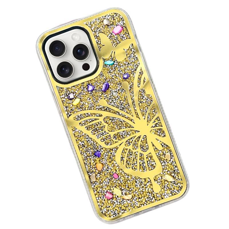 MS غطاء واقي بCrystal لـ iPhone 13 مع فراشة لامعة وسطح مرآة مع كريستال راينستون مع مقاوم للخدش باللون Silver مع مرآة بتفاصيل مرصعة باللون الفضي - Image 3