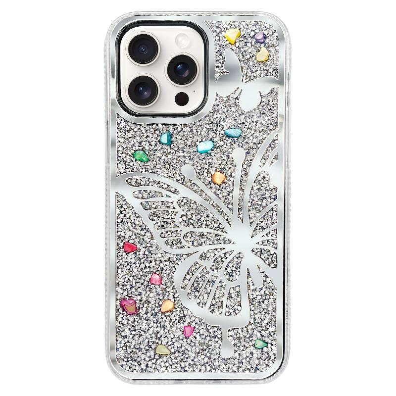 MS غطاء واقي بCrystal لـ iPhone 13 مع فراشة لامعة وسطح مرآة مع كريستال راينستون مع مقاوم للخدش باللون Silver مع مرآة بتفاصيل مرصعة باللون الفضي - Image 1