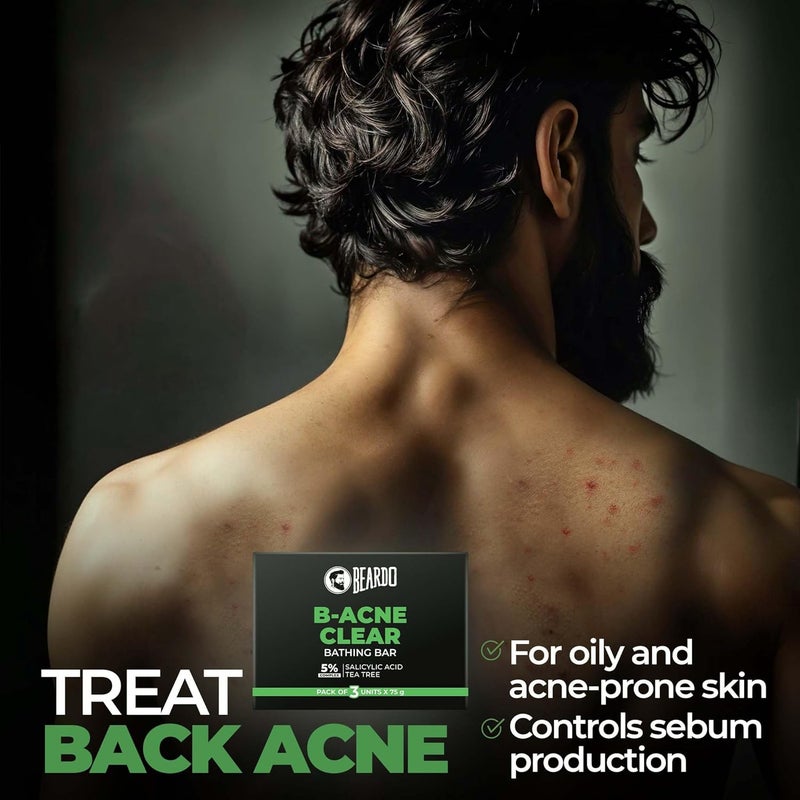 BEARDO Beardo B Acne Clear Soap for Men 75g X 3 With Tea Tree and Salicylic Acid Clean Clear Skin For Body Acne and Skin Purification Bacne For All Skin Types - Image 3