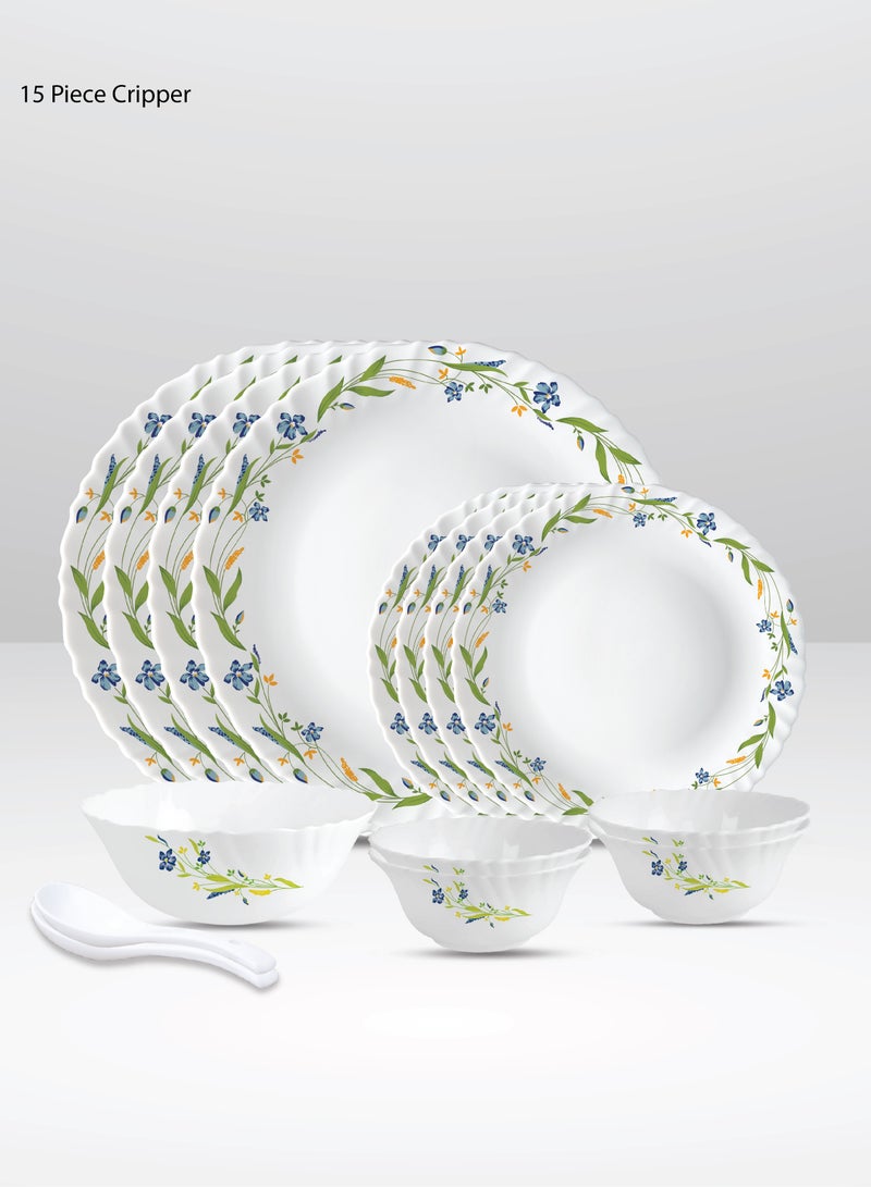 بريتيش شيف طقم عشاء أوبال وير مكون من 15 قطعة | آمن للاستخدام في الميكروويف وغسالة الأطباق | طقم عشاء كريبر مع طبق عشاء مكون من 4 قطع، طبق جانبي مكون من 4 قطع، وعاء تقديم مكون من قطعة واحدة، وعاء خضروات مكون من 4 قطع، ملاعق مكونة من قطعتين - أبيض - Image 1