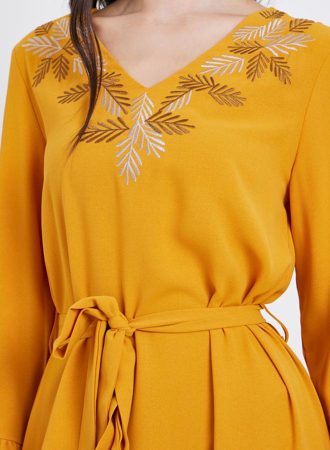 Styli Women Yellow Embroidered Flounce Sleeve Jalabiya - Image 4