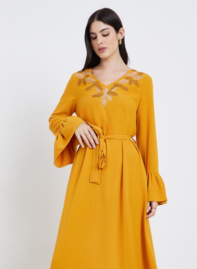 Styli Women Yellow Embroidered Flounce Sleeve Jalabiya - Image 2