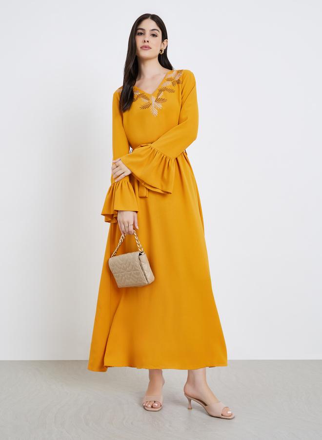 Styli Women Yellow Embroidered Flounce Sleeve Jalabiya - Image 3