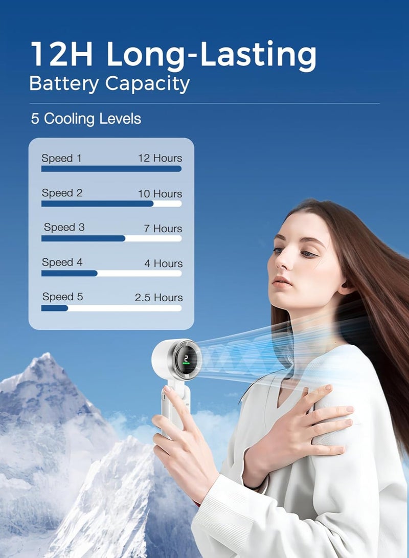 موثوقية التنبؤ 3 في 1 مروحة توربو صغيرة محمولة باليد (12 ساعة في وضع الاستعداد)، مروحة محمولة على المكتب، مروحة محمولة على الرقبة مع 5 سرعات رياح فائقة القوة ومحرك بدون شفرة، مروحة جيب شخصية قابلة لإعادة الشحن لمكياج السفر في الهواء الطلق (أبيض) - Image 3