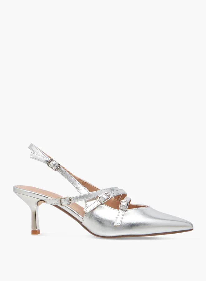 Celeste Women's Pointed Toe Sandals with Kitten Heels and Pin Buckle Closure