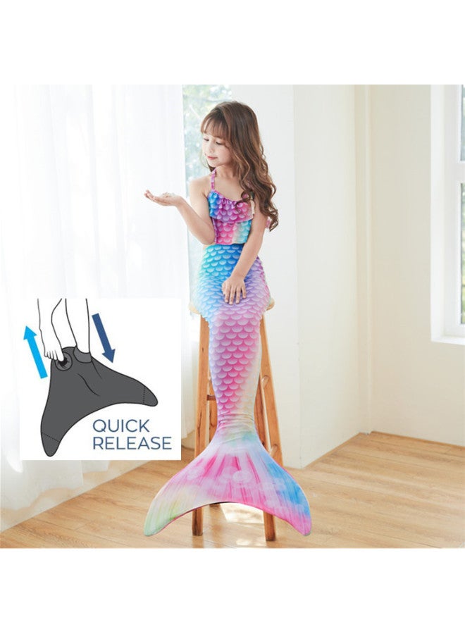 Generic Children's Mermaid Swimsuit Performance Swimsuit Three-piece Set Fish Tail Large Medium And Small Girls Princess Dress Bikini Clothing-Color:Neon (top + Shorts + Tail + Flippers)- - Image 1