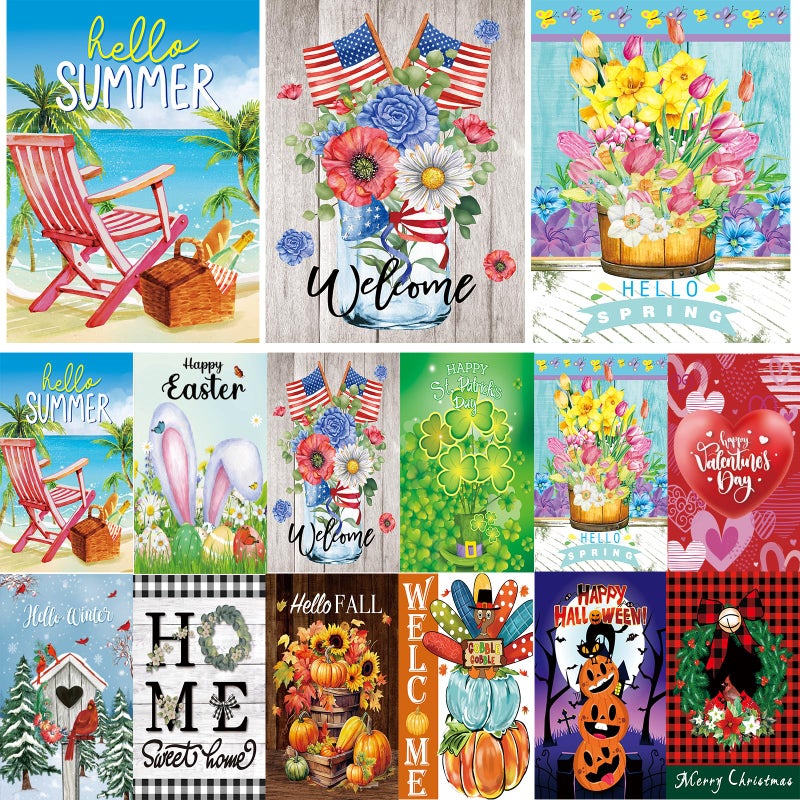 CDLong Seasonal Garden Flags Set of 12-Double Sided 12 x 18 Inch Outside Yard Flags, Small Flags for Outside, Holiday Garden Flags for All Seasons, Spring Easter Summer 4th of July Outdoor Flags - Image 1