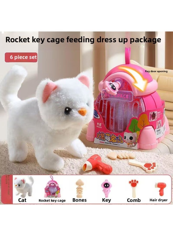 Children's Electric Simulation Small White Rabbit Will Call Girls Pet Doll Backpack Dog Gift Puzzle Plush Toy-Color:Rocket Cute Cat 6-piece Set (three Styles Are Sent Randomly)-Specifications:【Recha - Image 1