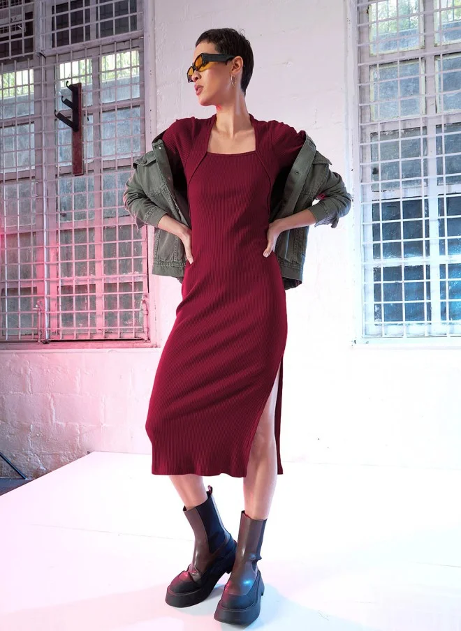 ساسافراس Maroon Square Neck Long Sleeve Sheath Midi Dress for Women