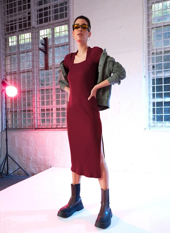 ساسافراس Maroon Square Neck Long Sleeve Sheath Midi Dress for Women