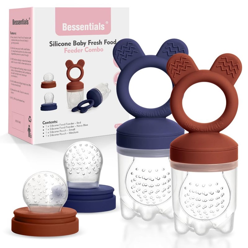 Bessentials Baby Fresh Fruit Food Feeder 2 Pack Silicone Baby Mesh Feeders for Infant Safe Self Feeding 3 Sizes Food Pouches Included Suitable for Baby 4m Dark Red Navy Blue