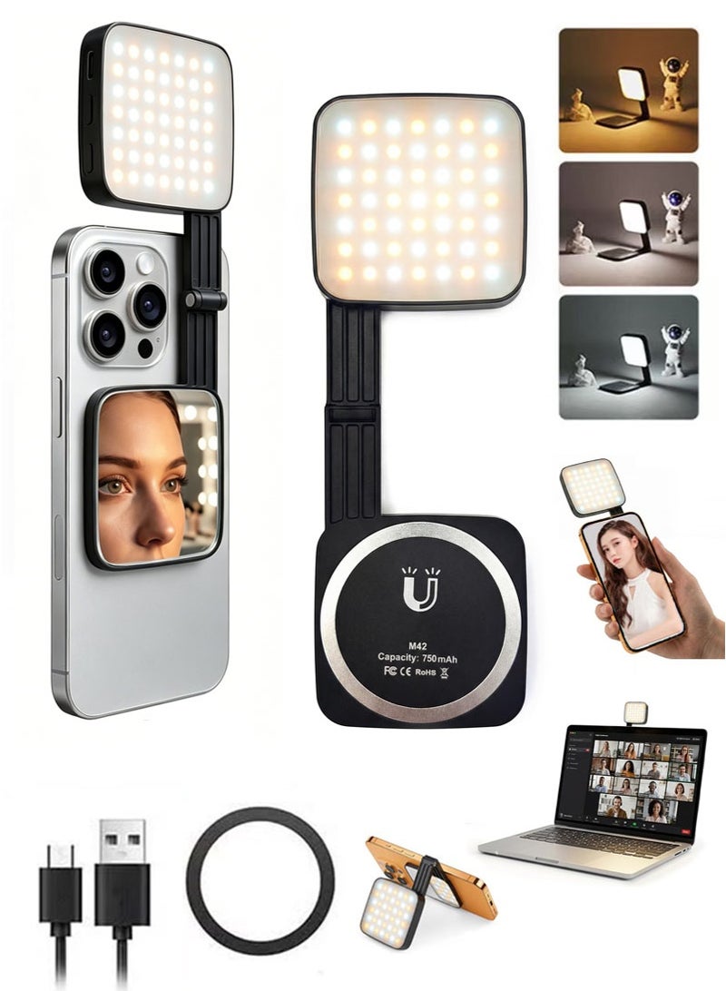 XICEN Magnetic Selfie Light with Makeup Mirror, Rechargeable & Foldable Selfie Light for iPhone & Android, Include Magnetic Ring, Led Phone Light Adjustable Brightness, Color Temperature, Angle, Ideal for TikTok, Vlogging, Makeup, Photography, Video Calls - Image 1