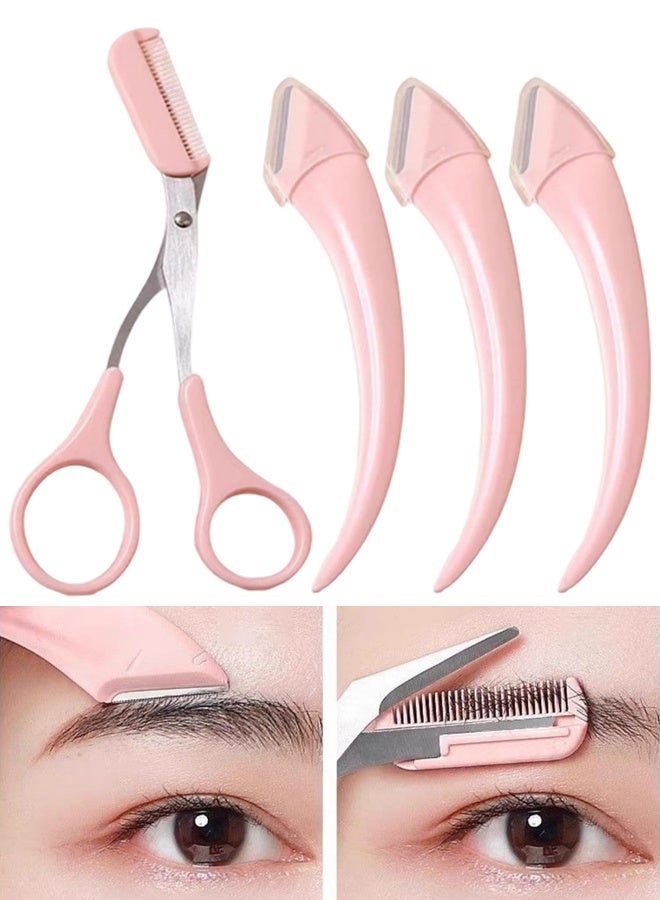 4 Pack Pink Beginner's Safety Eyebrow Razor Stainless Steel Crescent Blade Micro Guard Portable Manual Eyebrow Trimmer for Home Travel Daily Makeup Use - Image 1