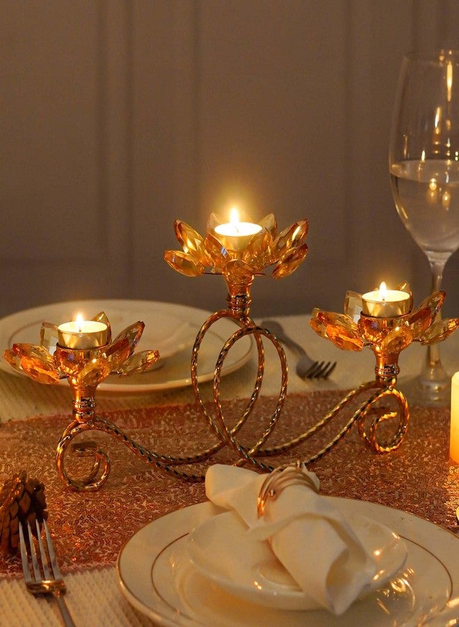 kehail 3/5 Arm Crystal Lotus Metal Tea Light Candle Holder, Crystal Votive Candle Holder, Pillar Candle Lotus Candle Holder Suitable for Wedding Table Centerpiece, Living Room, Fireplace (Gold, 3 arm) - Image 4