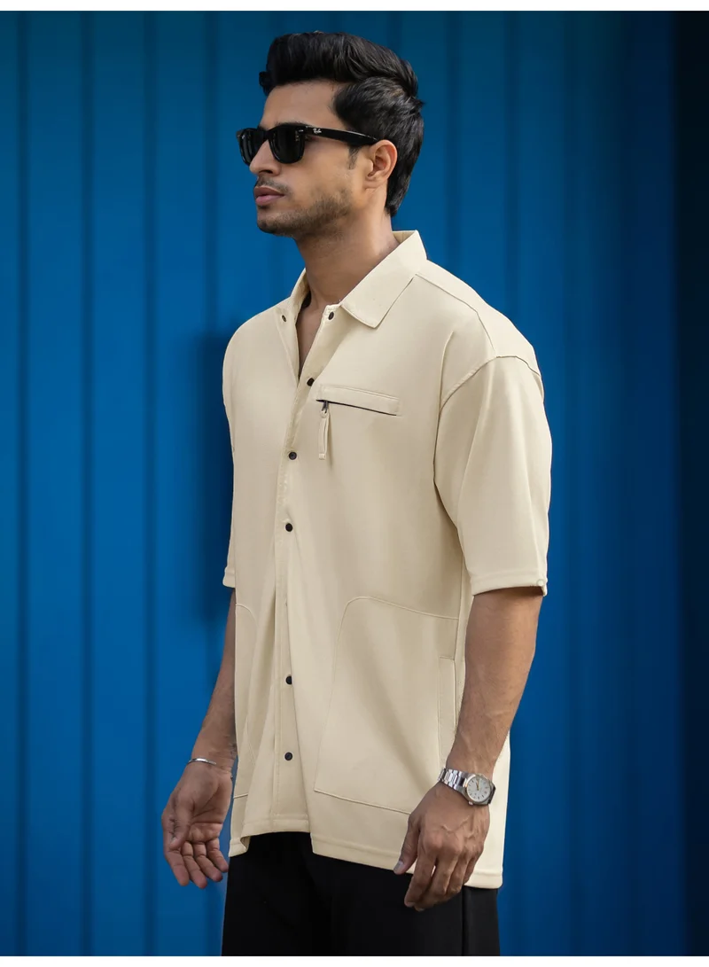 Maniac Maniac Mens Solid Texture Collar Neck Half Sleeve OffWhite Cotton Shirt