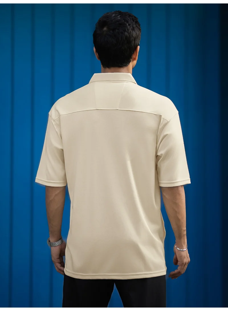 Maniac Maniac Mens Solid Texture Collar Neck Half Sleeve OffWhite Cotton Shirt