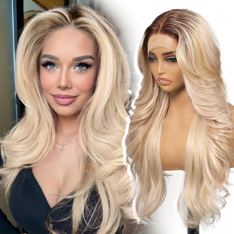 KOME Ombre Blonde Synthetic Lace Front Wig,13x4 HD Lace Layered Wave Glueless Wigs for Women Daily Use 26IN - Image 1