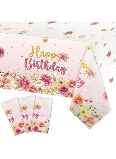 Oudain 3 Pieces Flower Birthday Party Table Cloth Plastic Pink Floral Birthday Tablecloth Disposable Rectangular Pink Happy Birthday Table Cover For Baby Girls Women Birthday Party Decor, 54 X 108 Inch  - Image 1