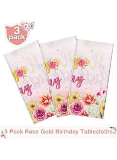 Oudain 3 Pieces Flower Birthday Party Table Cloth Plastic Pink Floral Birthday Tablecloth Disposable Rectangular Pink Happy Birthday Table Cover For Baby Girls Women Birthday Party Decor, 54 X 108 Inch  - Image 4
