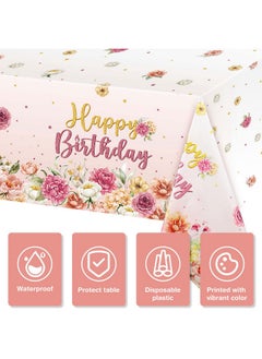 Oudain 3 Pieces Flower Birthday Party Table Cloth Plastic Pink Floral Birthday Tablecloth Disposable Rectangular Pink Happy Birthday Table Cover For Baby Girls Women Birthday Party Decor, 54 X 108 Inch  - Image 3
