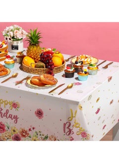 Oudain 3 Pieces Flower Birthday Party Table Cloth Plastic Pink Floral Birthday Tablecloth Disposable Rectangular Pink Happy Birthday Table Cover For Baby Girls Women Birthday Party Decor, 54 X 108 Inch  - Image 5