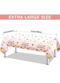 Oudain 3 Pieces Flower Birthday Party Table Cloth Plastic Pink Floral Birthday Tablecloth Disposable Rectangular Pink Happy Birthday Table Cover For Baby Girls Women Birthday Party Decor, 54 X 108 Inch  - Image 2