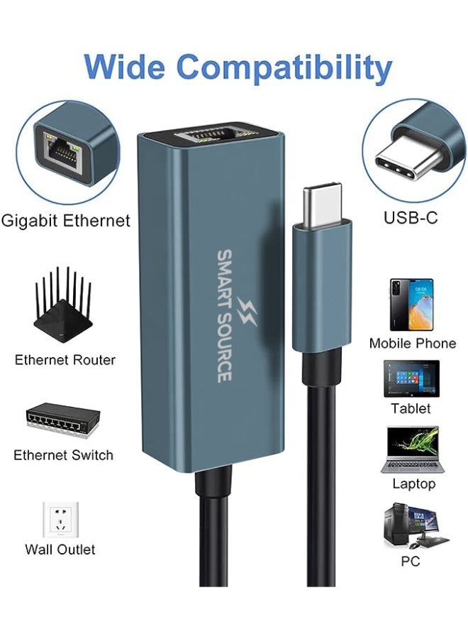 SMART SOURCE USB C to Ethernet Adapter, Gigabit Type C to Rj45 Wired Network, Supports 10/100/1000Mbps, Thunderbolt 3/4 to LAN Network Adapter, Compatible with ThinkPad, Surface Pro, iPad-Pro, MacBook Pro, Galaxy - Image 2