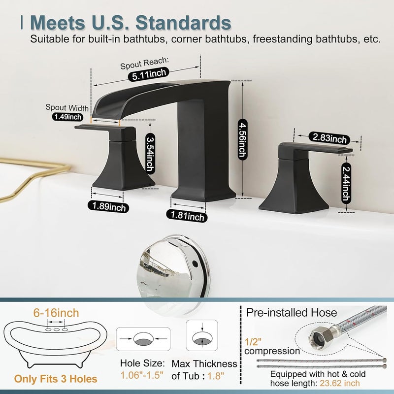 HEYMYTAP Brass High Flow Roman Bathtub Faucet Black Tub Faucet, Waterfall Bath Tub Faucet Set 3 Hole, Widespread Bathtub Faucets Deck Mount Bath Tub Faucets with 2 Knob, Pre-Installed Water Hose - Image 5