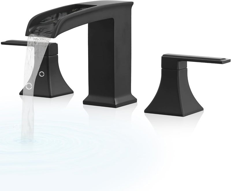 HEYMYTAP Brass High Flow Roman Bathtub Faucet Black Tub Faucet, Waterfall Bath Tub Faucet Set 3 Hole, Widespread Bathtub Faucets Deck Mount Bath Tub Faucets with 2 Knob, Pre-Installed Water Hose - Image 1