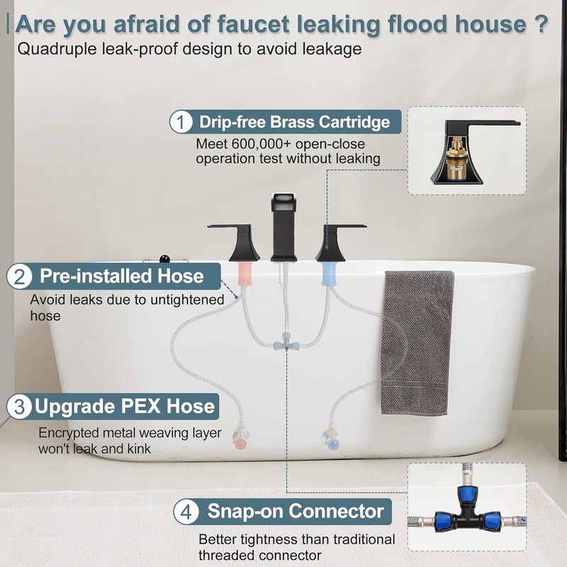 HEYMYTAP Brass High Flow Roman Bathtub Faucet Black Tub Faucet, Waterfall Bath Tub Faucet Set 3 Hole, Widespread Bathtub Faucets Deck Mount Bath Tub Faucets with 2 Knob, Pre-Installed Water Hose - Image 3