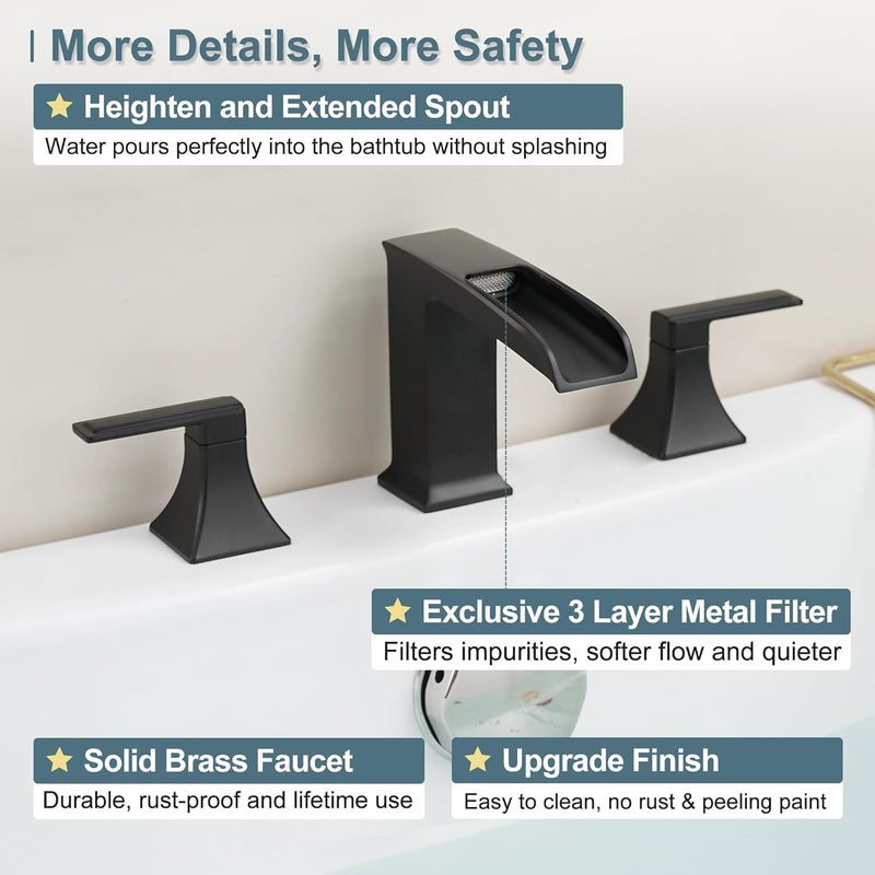 HEYMYTAP Brass High Flow Roman Bathtub Faucet Black Tub Faucet, Waterfall Bath Tub Faucet Set 3 Hole, Widespread Bathtub Faucets Deck Mount Bath Tub Faucets with 2 Knob, Pre-Installed Water Hose - Image 4