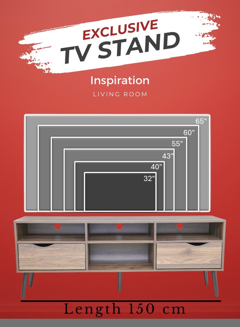 اي اف تي خزانة تلفاز بتصميم عصري منتصف القرن مع درجين وأرجل خشبية متينة، مثالية لغرف المعيشة الحديثة ومساحات الترفيه، مثالية لصالات العرض المنزلية وغرف الوسائط، توفر حلول تخزين أنيقة لأجهزة التلفاز حتى 65 بوصة. خزانة تلفاز ريفية مع درجين وأرجل خشبية مصنوعة بشكل جميل، مثالية لإضافة سحر إلى أي ديكور منزلي. (بني جوز كولومبيا) أرفان - Image 4