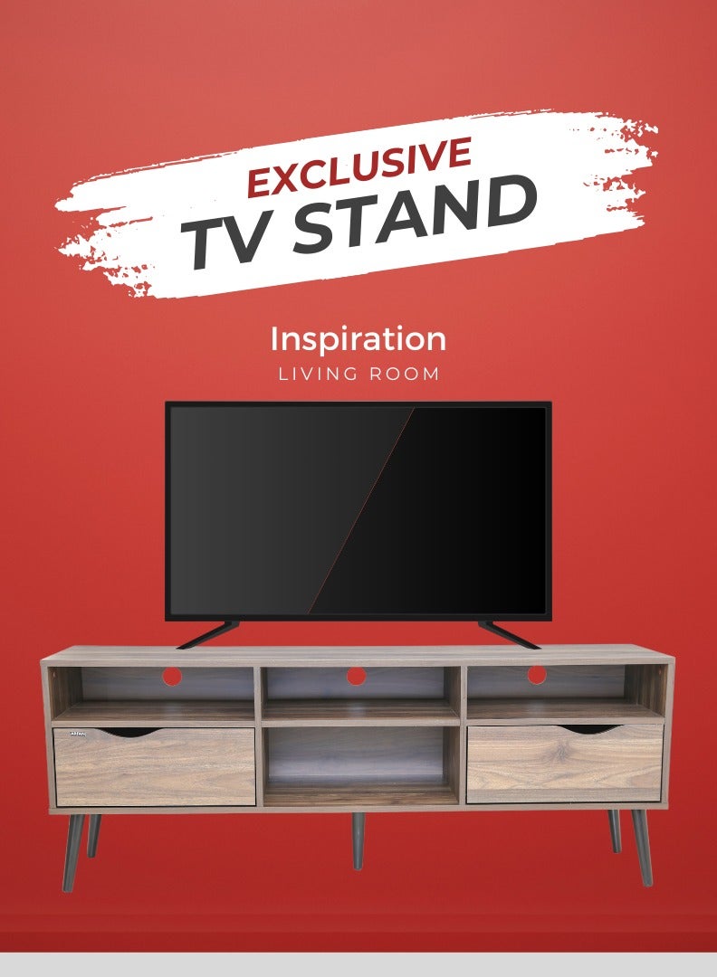 اي اف تي خزانة تلفاز بتصميم عصري منتصف القرن مع درجين وأرجل خشبية متينة، مثالية لغرف المعيشة الحديثة ومساحات الترفيه، مثالية لصالات العرض المنزلية وغرف الوسائط، توفر حلول تخزين أنيقة لأجهزة التلفاز حتى 65 بوصة. خزانة تلفاز ريفية مع درجين وأرجل خشبية مصنوعة بشكل جميل، مثالية لإضافة سحر إلى أي ديكور منزلي. (بني جوز كولومبيا) أرفان - Image 3