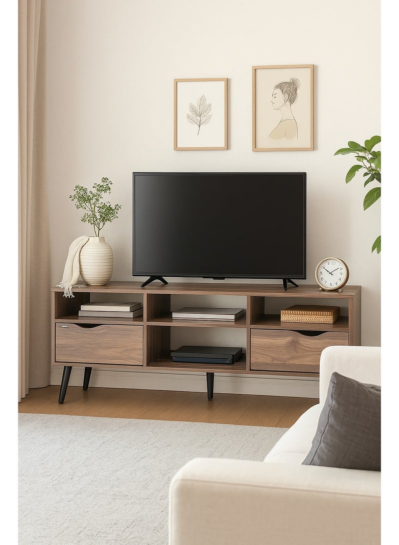 اي اف تي خزانة تلفاز بتصميم عصري منتصف القرن مع درجين وأرجل خشبية متينة، مثالية لغرف المعيشة الحديثة ومساحات الترفيه، مثالية لصالات العرض المنزلية وغرف الوسائط، توفر حلول تخزين أنيقة لأجهزة التلفاز حتى 65 بوصة. خزانة تلفاز ريفية مع درجين وأرجل خشبية مصنوعة بشكل جميل، مثالية لإضافة سحر إلى أي ديكور منزلي. (بني جوز كولومبيا) أرفان - Image 2