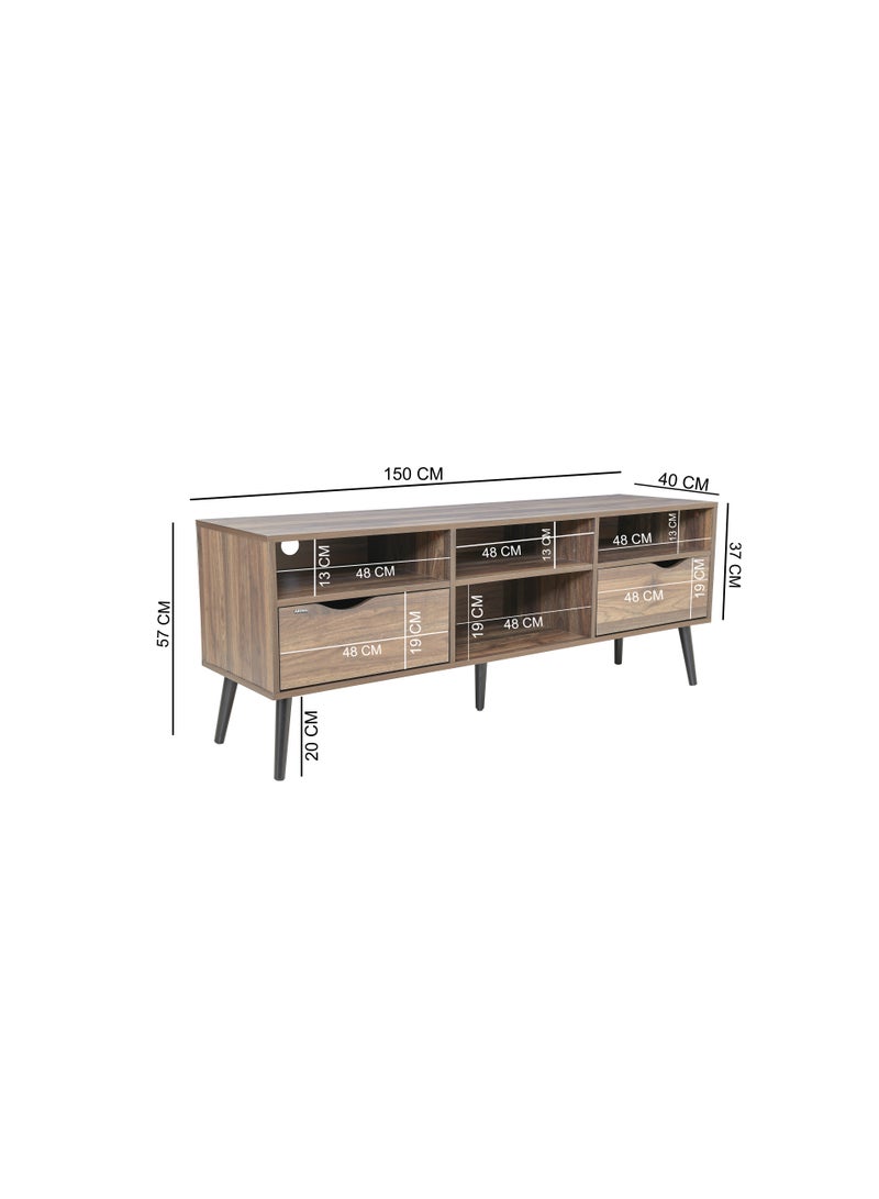 اي اف تي خزانة تلفاز بتصميم عصري منتصف القرن مع درجين وأرجل خشبية متينة، مثالية لغرف المعيشة الحديثة ومساحات الترفيه، مثالية لصالات العرض المنزلية وغرف الوسائط، توفر حلول تخزين أنيقة لأجهزة التلفاز حتى 65 بوصة. خزانة تلفاز ريفية مع درجين وأرجل خشبية مصنوعة بشكل جميل، مثالية لإضافة سحر إلى أي ديكور منزلي. (بني جوز كولومبيا) أرفان - Image 5