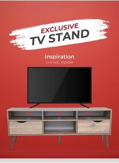 AFT Mid Century Modern Design TV Cabinet / Table / stand with Two Drawers and Sturdy Wooden Legs, Perfect for Modern Living Rooms and Entertainment Spaces, Ideal for Home Theaters and Media Rooms, Offering Stylish Storage Solutions for TVs Up to 65 Inches. Rustic Farmhouse TV Cabinet with Two Drawer and Beautifully Crafted Wooden Legs, Perfect for Adding Charm to Any Home Décor.  (Columbia walnut brown) Arfan  - Image 1