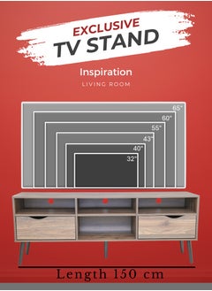 AFT Mid Century Modern Design TV Cabinet / Table / stand with Two Drawers and Sturdy Wooden Legs, Perfect for Modern Living Rooms and Entertainment Spaces, Ideal for Home Theaters and Media Rooms, Offering Stylish Storage Solutions for TVs Up to 65 Inches. Rustic Farmhouse TV Cabinet with Two Drawer and Beautifully Crafted Wooden Legs, Perfect for Adding Charm to Any Home Décor.  (Columbia walnut brown) Arfan  - Image 2