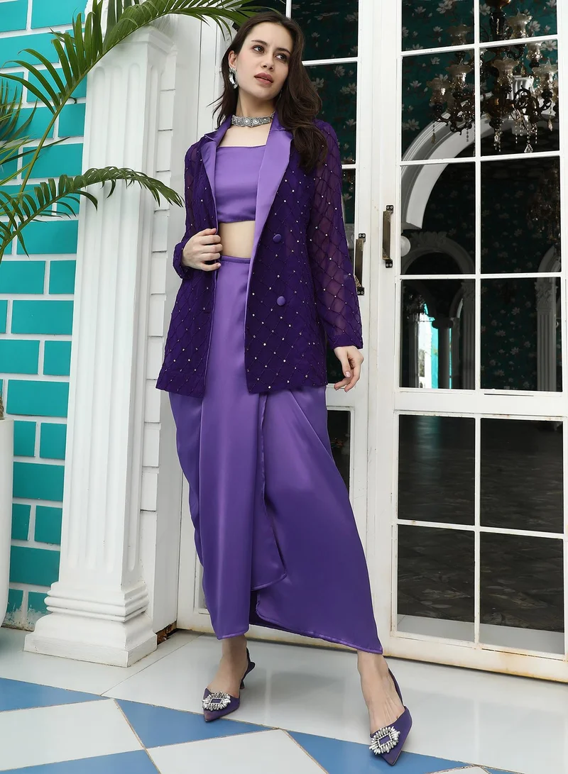 QISSA Women's Amethyst Purple Embellished Tailored Co-Ord Set For Ethnic Wear | Lapel Collar , Sleeveless , Asymmetrical Hem | Embellished Fabric | 3 Piece Co-Ords Designed For Evening & Party Wear