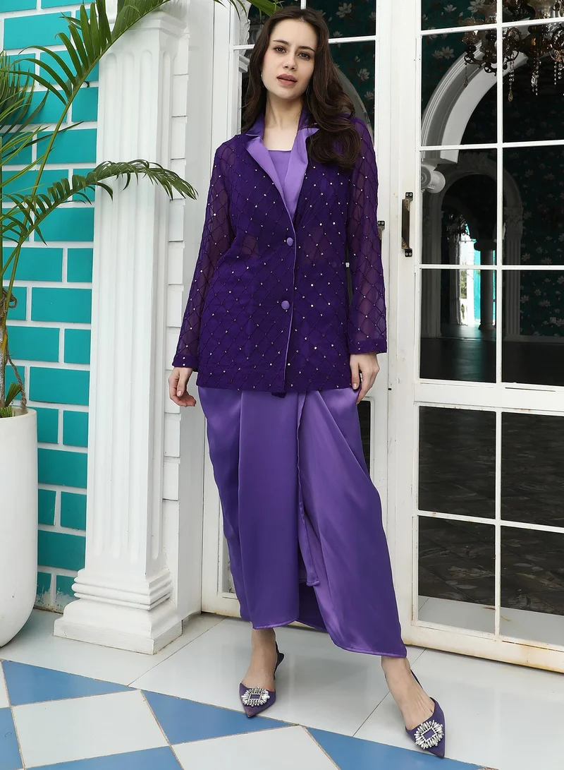 QISSA Women's Amethyst Purple Embellished Tailored Co-Ord Set For Ethnic Wear | Lapel Collar , Sleeveless , Asymmetrical Hem | Embellished Fabric | 3 Piece Co-Ords Designed For Evening & Party Wear