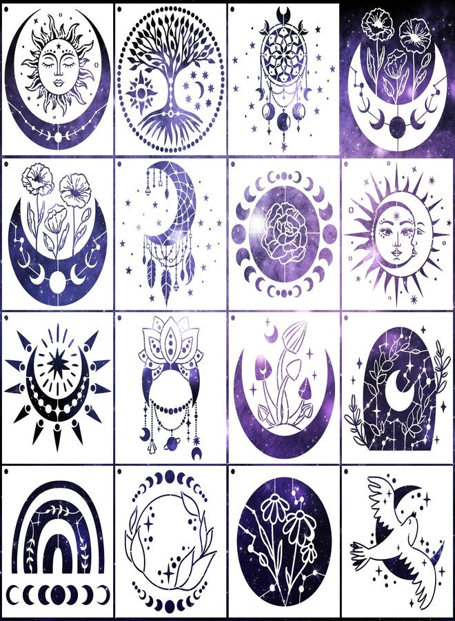 AFRITEE Moon Stencils for Painting on Wood - 12 Pieces Celestial Astrology Mysterious Sun Moon Dream suncatcher Reusable Plastic Painting Template, Boho Bohemia Tree of Life Stencil for Drawing - Image 1