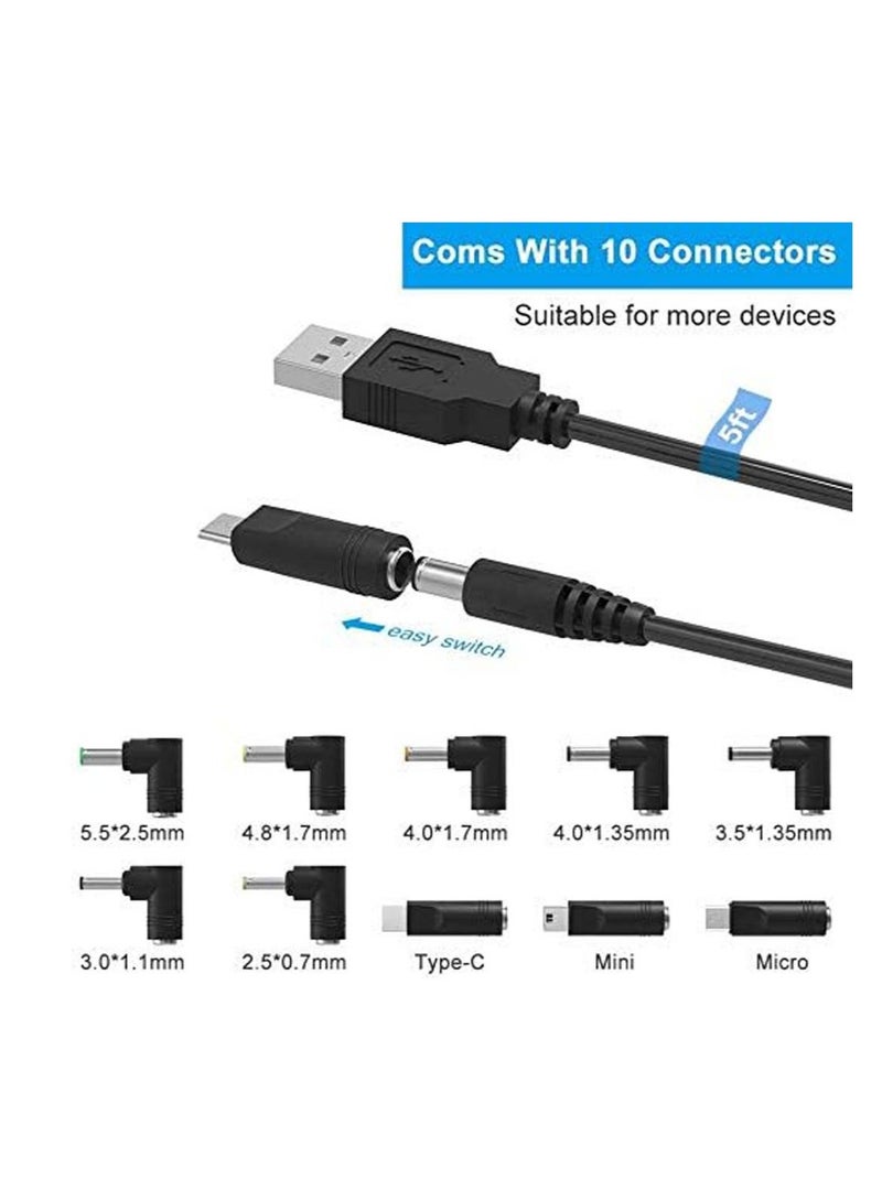 USB to DC 5-V Power Cord Universal DC 5.5x2.1mm Plug Jack Charging Cable with 10 Connector Tips 5.5*2.5, 4.8*1.7, 4.0*1.7, 4.0*1.35, 3.5*1.35, 3.0*1.1, 2.5*0.7, Micro USB, Type-C, Mini USB - Image 3