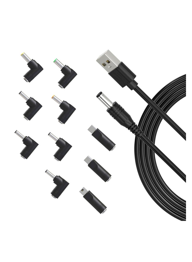 USB to DC 5-V Power Cord Universal DC 5.5x2.1mm Plug Jack Charging Cable with 10 Connector Tips 5.5*2.5, 4.8*1.7, 4.0*1.7, 4.0*1.35, 3.5*1.35, 3.0*1.1, 2.5*0.7, Micro USB, Type-C, Mini USB - Image 1