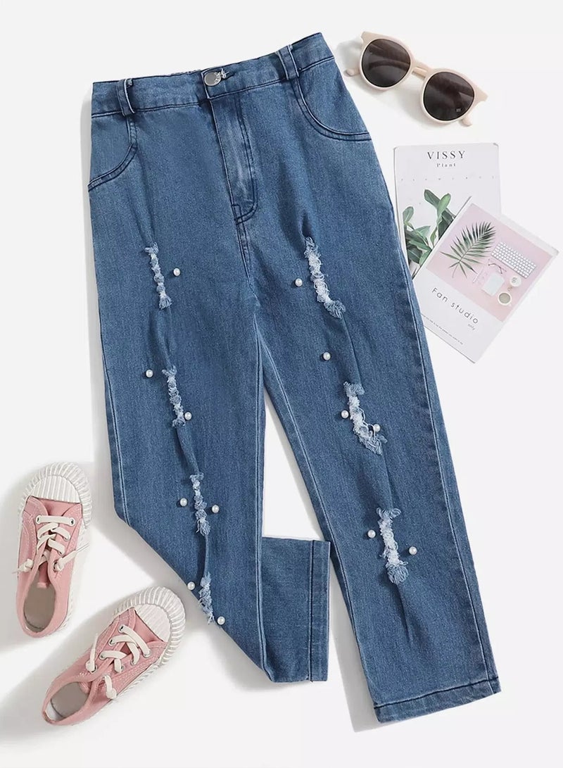 Girls Ripped Pearls Beaded Jeans  - Image 1